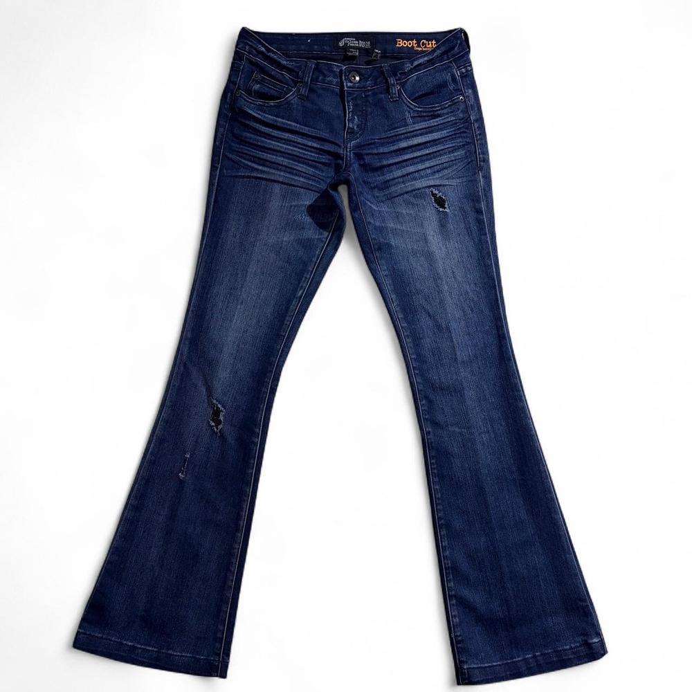 Volcom Bootcut Jeans Womens Size 5 Navy Blue Distressed Denim Skater Flare Leg